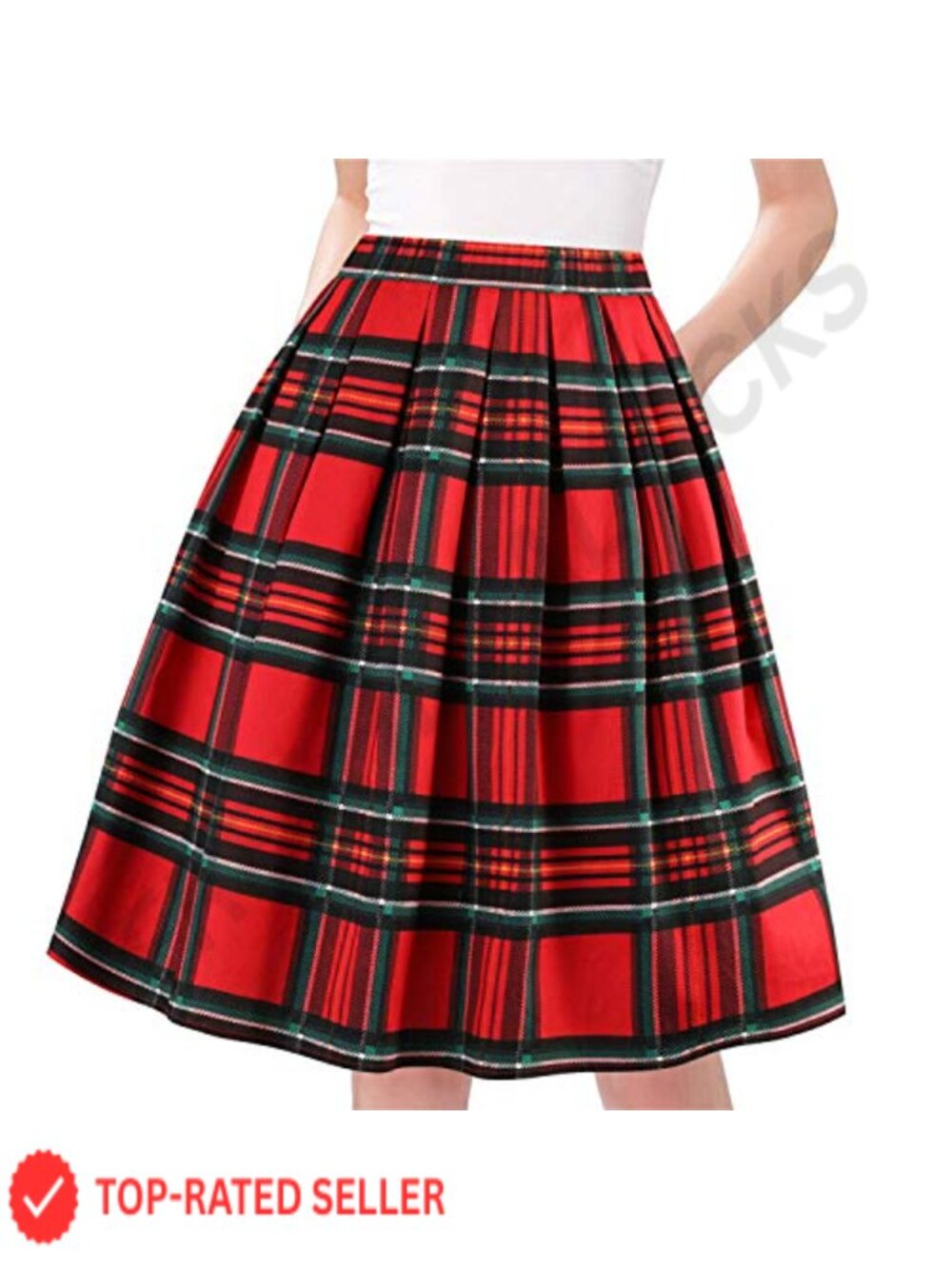 A-Line Pleated Midi Skirt Women's High Rise Cotton Casual Vintage Style Pockets